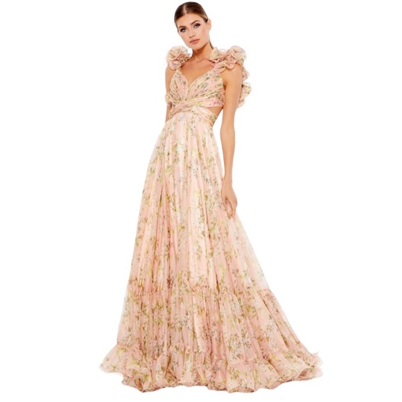 Mac Duggal Dresses & Skirts - MAC DUGGAL Ruffle Tiered Floral Cut Out Chiffon Lace Up Gown in Pink Multi